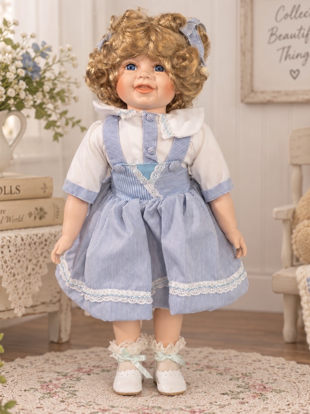 Blonde Porcelain Doll Blue White Pinstripe Dress Lace Shoes CollectibleThey chec